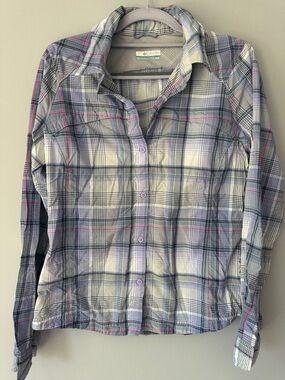 Columbia Plaid Shirt in Lavender, Green & White with Pink Accents